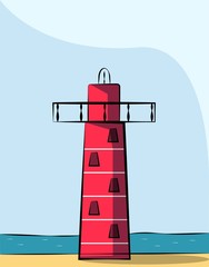 Red lighthouse on the background of the ocean and clouds