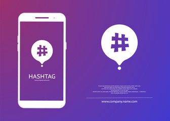 Hashtag Concept. Empty screen smartphone for your hashtag. Smartphone and hashtag symbol. Social media promotion. Modern Flat Design. Vector illustration for web site or mobile app