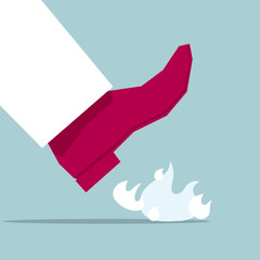 Foot on the flame. Isolated on blue background.