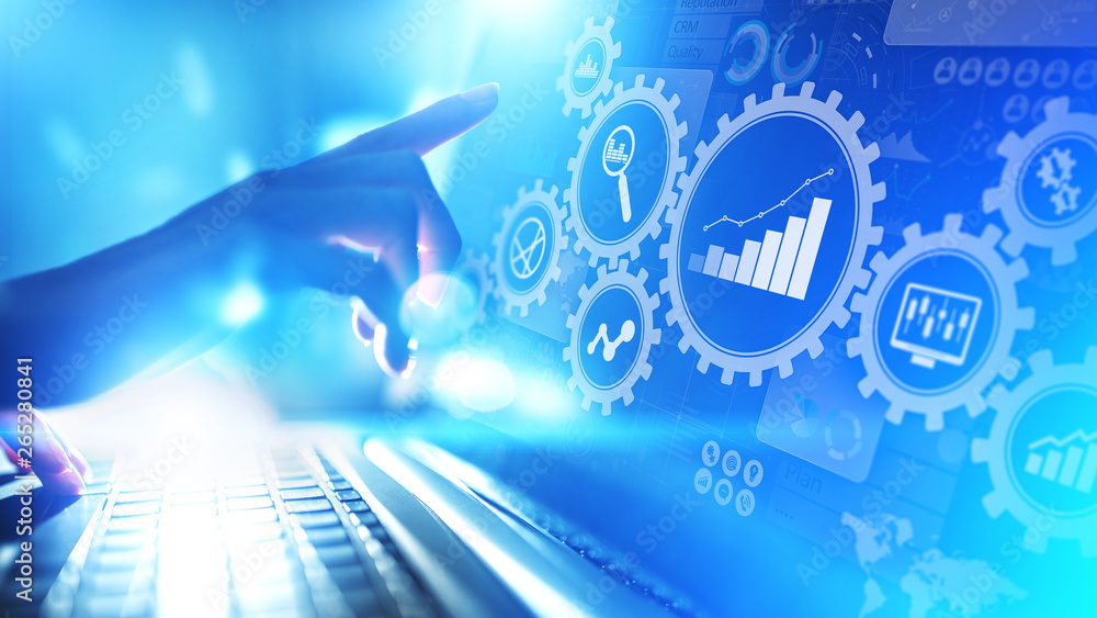 Poster big data analysis, business process analytics diagrams with gears and icons on virtual screen.