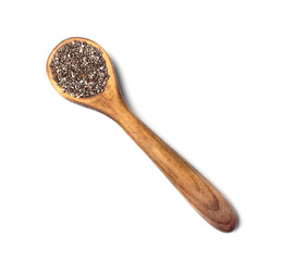 Spoon with chia seeds on white background