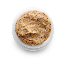 Jar with body scrub on white background