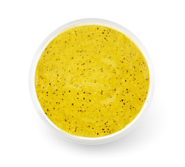 Jar with body scrub on white background