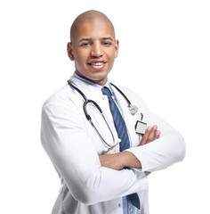 Fototapeta premium Handsome African-American doctor on white background