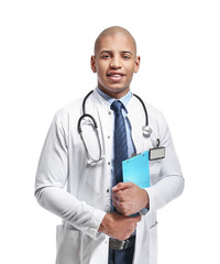 Fototapeta premium Handsome African-American doctor on white background