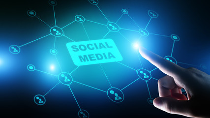 Obraz premium Social media, SMM, Marketing strategy and advertising concept on virtual screen.