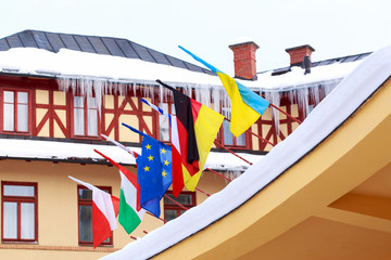 Large building with flags