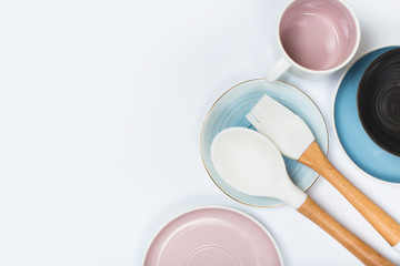 kitchen utensils, Clean dishes on white  background