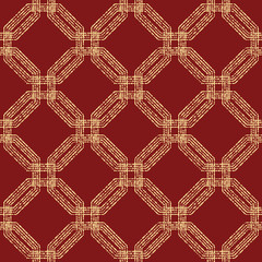 Geometric repeating ornament with octagonal golden dotted elements. Geometric abstract ornament. Seamless abstract modern red and golden pattern
