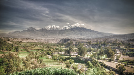 Panoramic view to Chachani mountain and Arequipa city from Yanahuara viewpoint, Arequipa, Peru