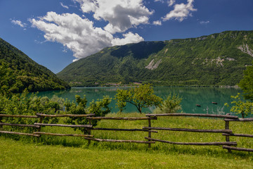 The Lago di Santa Croce is a semi-natural lake in the province of Belluno, Veneto, northern Italy.
