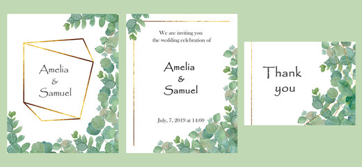 Fototapeta na wymiar Watercolor invite card collection with three cards with green eucaliptus leaves and branches, gold frame and text, wedding nature invitations set