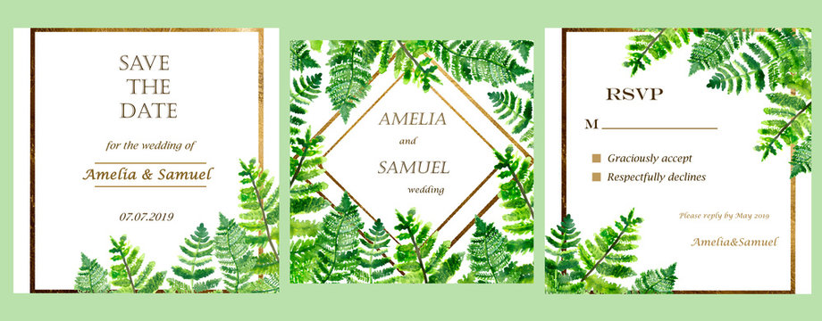 Watercolor composition with three invite cards with green tropical leaves and gold frames and names text, nature wedding invitations set