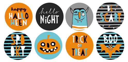 Set of 8 Halloween Party Round Shape Vector Toppers. Funny Dracula, Scary Pumpkin and Cute Bat. Handrwitten Colorful Trick or Treat, Spooky, Be Scary and Happy Halloween. Lovely Grunge Halloween Art.