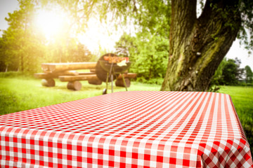 Desk of free space and summer time in garden with grill. 