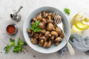 Fried mushrooms, champignons, top view