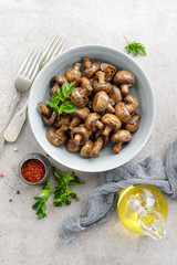 Fried mushrooms, champignons, top view
