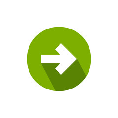 white right arrow with shadow in green circle icon. Isolated on white. Continue icon. Next sign.