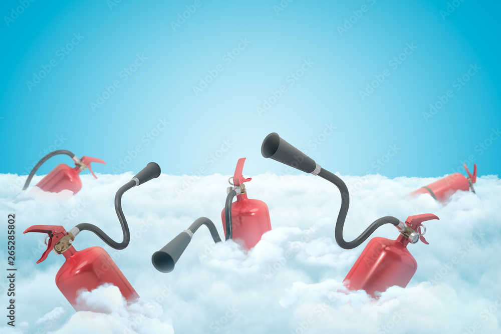 Poster 3d rendering of several red fire-extinguishers on layer of thick white clouds with blue sky above.
