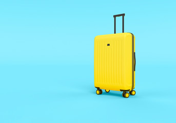 Yellow Suitcase isolated on blue background, tourism traveling concept, 3d rendering