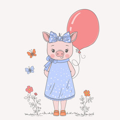 Cute pig girl with balloon. Cartoon vector illustration