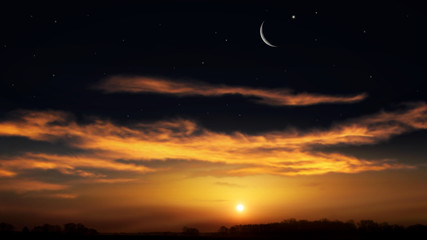Crescent moon with beautiful sunset background . Generous Ramadan © yaalan