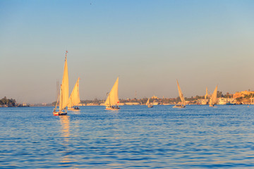 Felucca boats sailing on the Nile river in Luxor, Egypt. Traditional Egyptian sailing boats