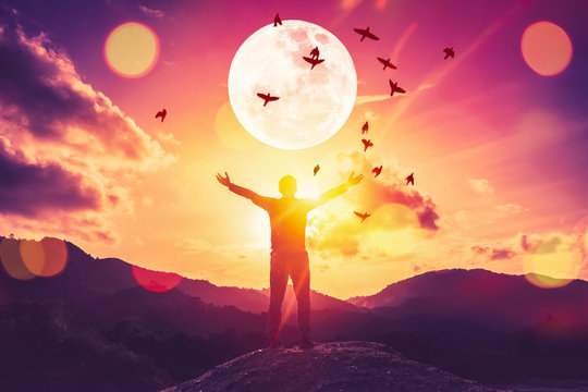 Copy space man raise hand up on top of mountain and birds fly with full moon abstract background.