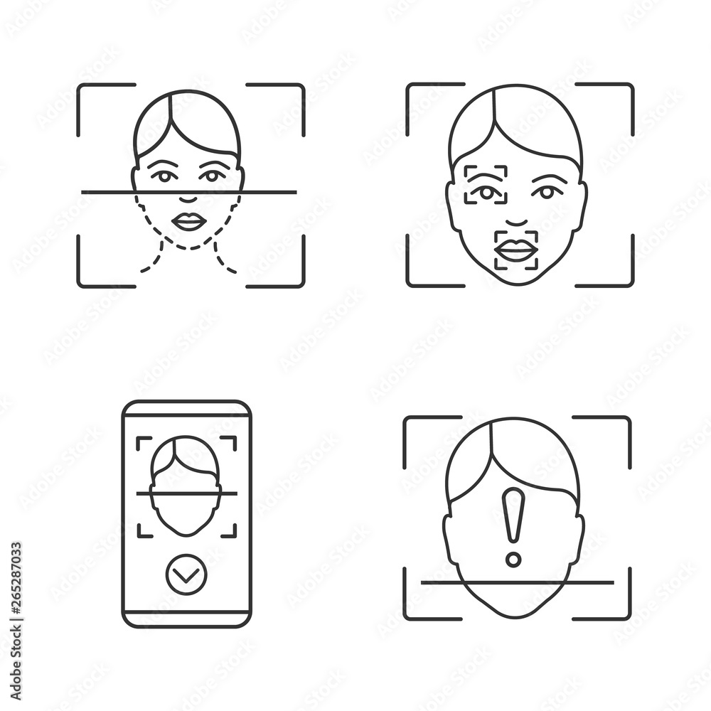 Poster facial recognition linear icons set