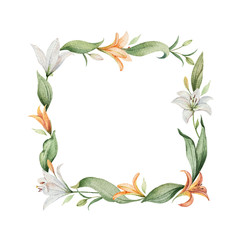 Fototapeta premium Watercolor vector wreath of orange Lily flowers and green leaves.