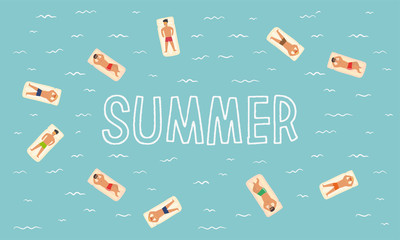 Men Sunbathing Swimming on the Air Mattress. Summertime, Pool, Sea, Blue Water. Summer Wallpaper. Cute Contemporary Characters Illustration Background.