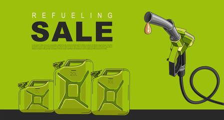 Sale Poster for gas station with fuelling nozzel and oil canisters, template layout