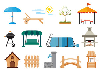 Set of various gardening items. Courtyard around the house. Flat design illustration of Yard and Garden items. Leisure lifestyle.