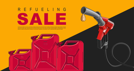 Poster for gas station with fuelling nozzel and oil canisters, template layout