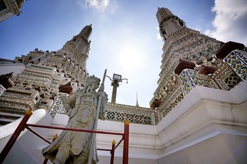 Many beautiful chedi at wat arun as a famous landmark in Bangkok, Thailand