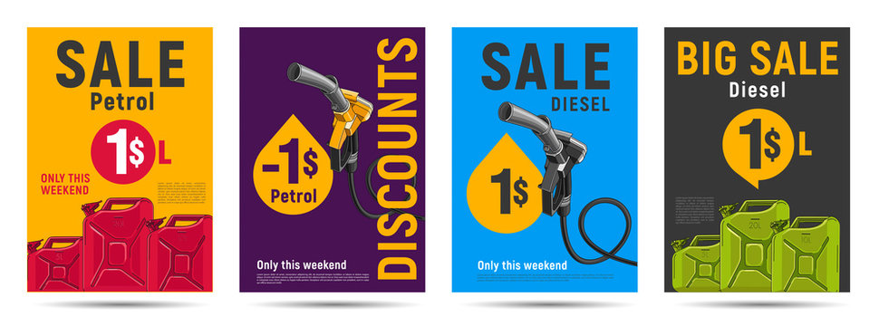 Petrol posters templates with fuelling nozzel and oil canisters