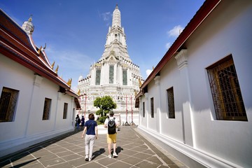 Many beautiful chedi at wat arun as a famous landmark in Bangkok, Thailand