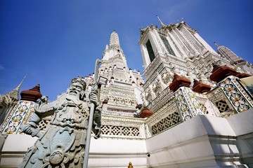 Many beautiful chedi at wat arun as a famous landmark in Bangkok, Thailand