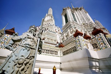 Many beautiful chedi at wat arun as a famous landmark in Bangkok, Thailand