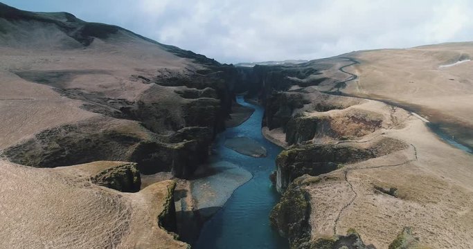 Iceland landscapes, aerial views from the famous canyon in  Fjaðrárgljúfur. Concept about wanderlust travels