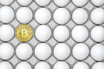 Gold Bitcoin on a tray for chicken eggs. Chicken eggs in carton box. Bitcoin is a new currency. Top view eggs background