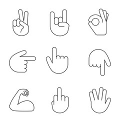 Fototapeta premium Hand gesture emojis linear icons set