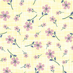 Pastel smoky pink hand drawn flowers on watercolour effect etched yellow background. Seamless vector pattern with vintage vibe. Perfect for packaging, wellness products, fabric, stationery, wrap
