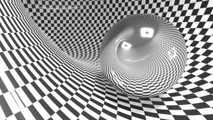 Abstract checker curved geometric background black and white colors. with reflection metall ball with eyes and smile 3d illustration