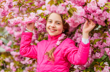 Pink is my favorite. Little girl enjoy spring. Kid on pink flowers of sakura tree background. Kid enjoying pink cherry blossom. Tender bloom. Pink is the most girlish color. Bright and vibrant