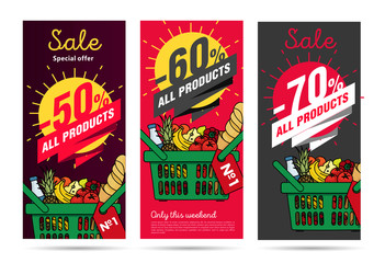 Products leaflets set with food basket and discount