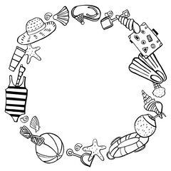 Round frame design with beach objects. Vector outline hand drawn illustration black on white background