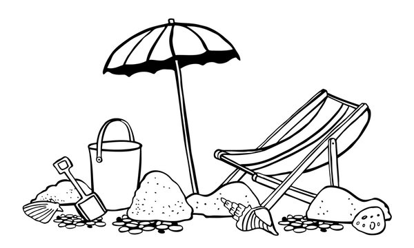 Beach scene. Parasol with lounger on the sand. Vector outline cartoon hand drawn illustration black on white background