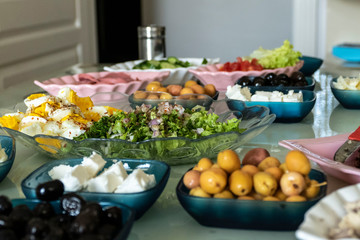 egg salad for breakfast, turkish breakfast table, healthy breakfast table,