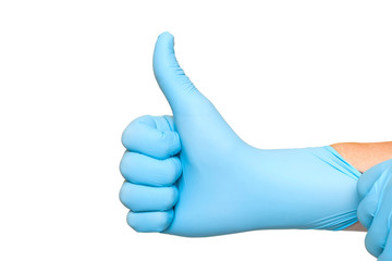 Doctor hand with glove showing like gesture or thumbup as approval, accept or done concept. White...